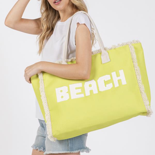 EMBROIDERED BEACH LETTER FRINGE TOTE BAG