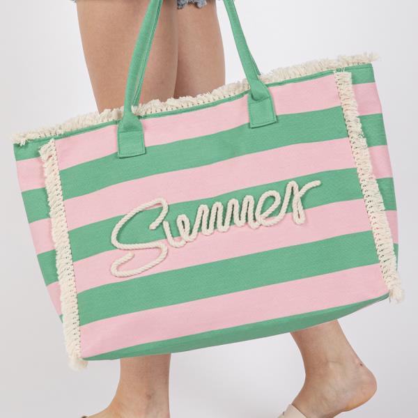 SEWN ROPE SUMMER LETTER FRINGE STRIPED TOTE BAG