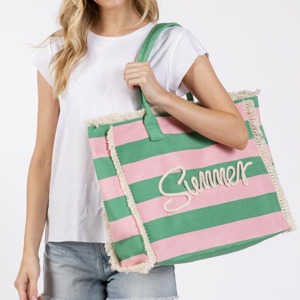 SEWN ROPE SUMMER LETTER FRINGE STRIPED TOTE BAG