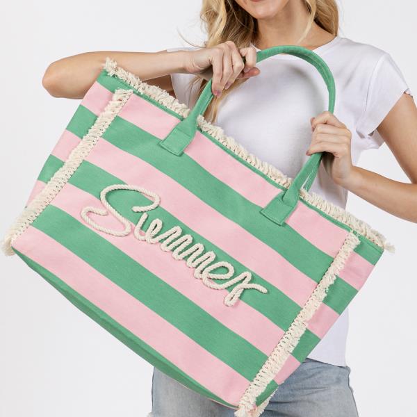 SEWN ROPE SUMMER LETTER FRINGE STRIPED TOTE BAG