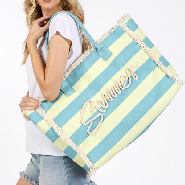 SEWN ROPE SUMMER LETTER FRINGE STRIPED TOTE BAG