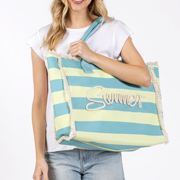 SEWN ROPE SUMMER LETTER FRINGE STRIPED TOTE BAG