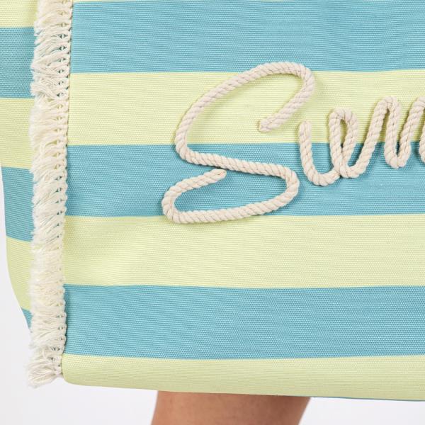 SEWN ROPE SUMMER LETTER FRINGE STRIPED TOTE BAG