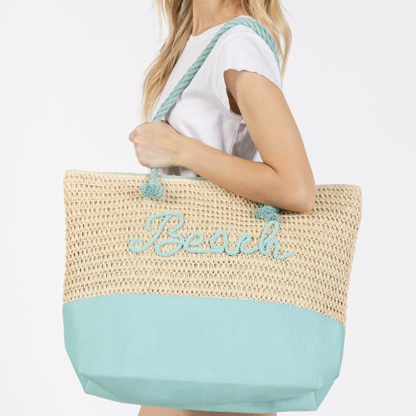 COLOR SEWN ROPE BEACH LETTER AND STRAP CROCHET, FABRIC TOTE BAG