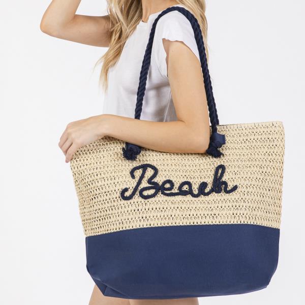 COLOR SEWN ROPE BEACH LETTER AND STRAP CROCHET, FABRIC TOTE BAG