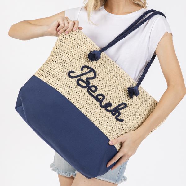 COLOR SEWN ROPE BEACH LETTER AND STRAP CROCHET, FABRIC TOTE BAG