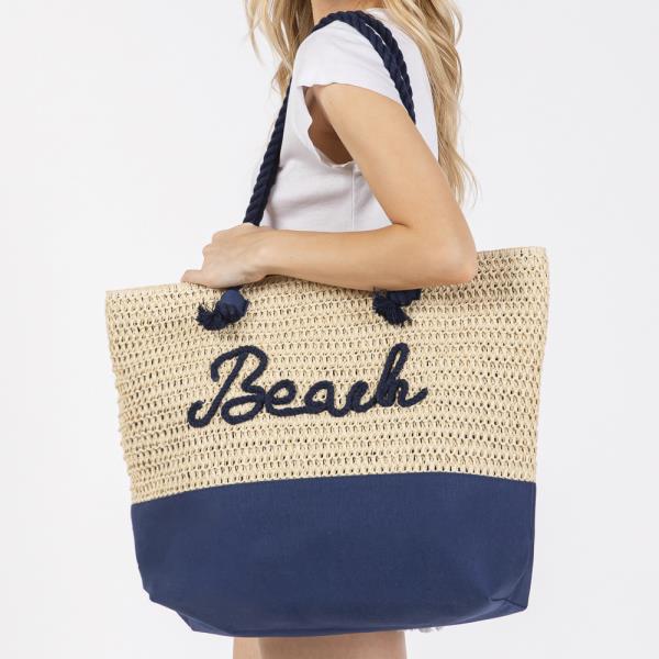 COLOR SEWN ROPE BEACH LETTER AND STRAP CROCHET, FABRIC TOTE BAG