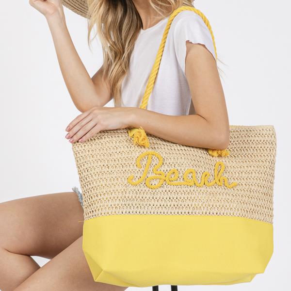 COLOR SEWN ROPE BEACH LETTER AND STRAP CROCHET, FABRIC TOTE BAG