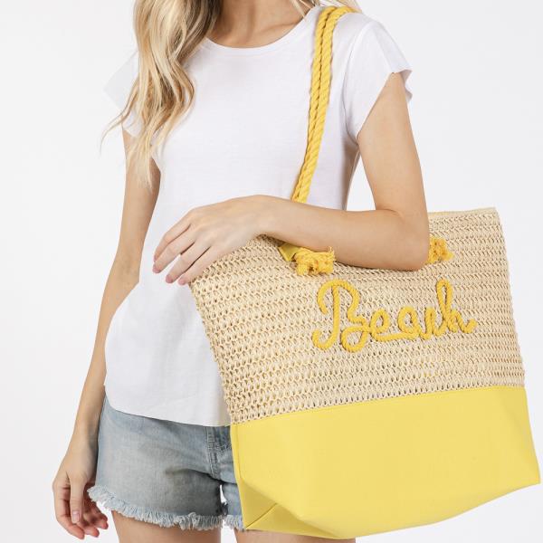 COLOR SEWN ROPE BEACH LETTER AND STRAP CROCHET, FABRIC TOTE BAG