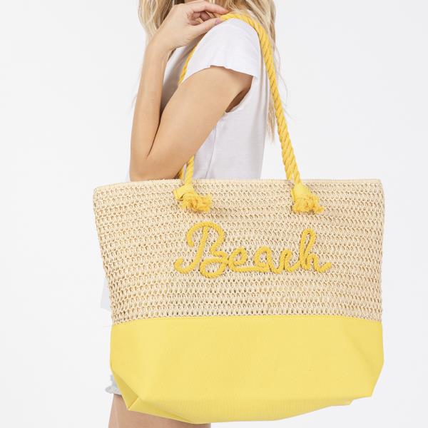COLOR SEWN ROPE BEACH LETTER AND STRAP CROCHET, FABRIC TOTE BAG