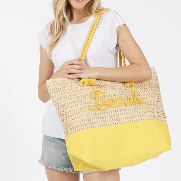 COLOR SEWN ROPE BEACH LETTER AND STRAP CROCHET, FABRIC TOTE BAG