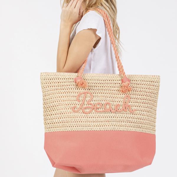 COLOR SEWN ROPE BEACH LETTER AND STRAP CROCHET, FABRIC TOTE BAG
