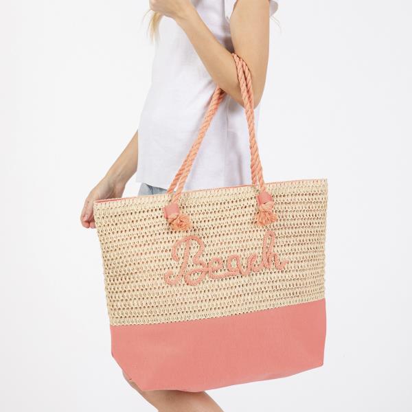 COLOR SEWN ROPE BEACH LETTER AND STRAP CROCHET, FABRIC TOTE BAG