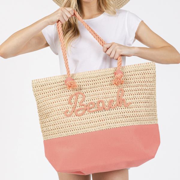 COLOR SEWN ROPE BEACH LETTER AND STRAP CROCHET, FABRIC TOTE BAG