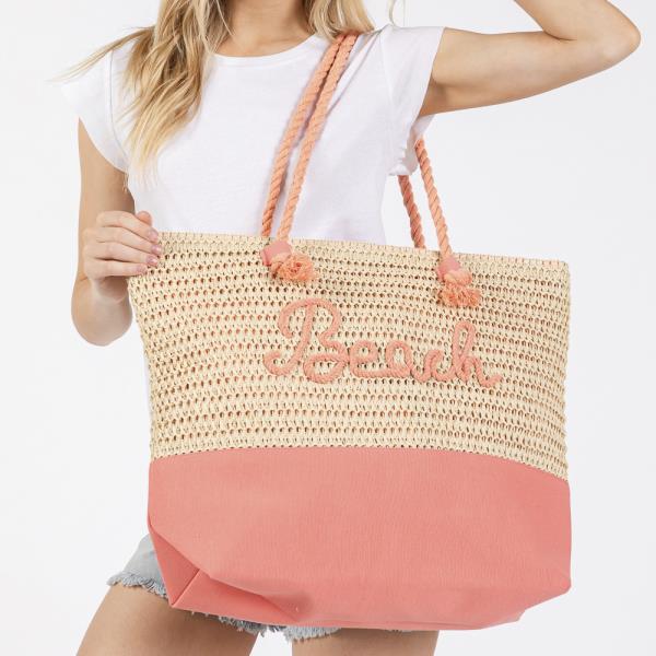 COLOR SEWN ROPE BEACH LETTER AND STRAP CROCHET, FABRIC TOTE BAG