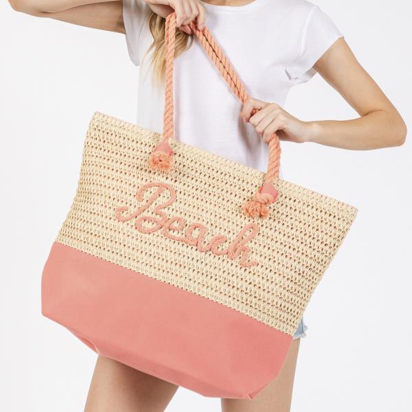 COLOR SEWN ROPE BEACH LETTER AND STRAP CROCHET, FABRIC TOTE BAG