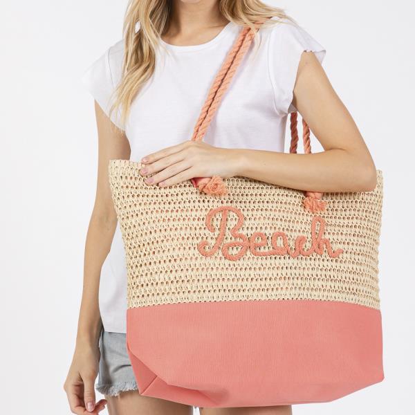COLOR SEWN ROPE BEACH LETTER AND STRAP CROCHET, FABRIC TOTE BAG