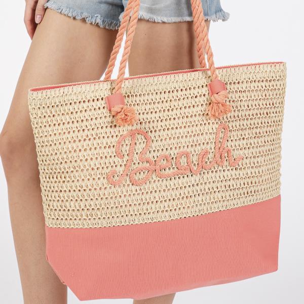 COLOR SEWN ROPE BEACH LETTER AND STRAP CROCHET, FABRIC TOTE BAG