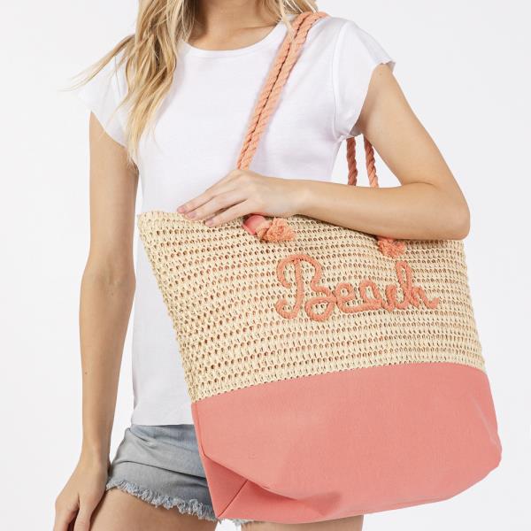 COLOR SEWN ROPE BEACH LETTER AND STRAP CROCHET, FABRIC TOTE BAG