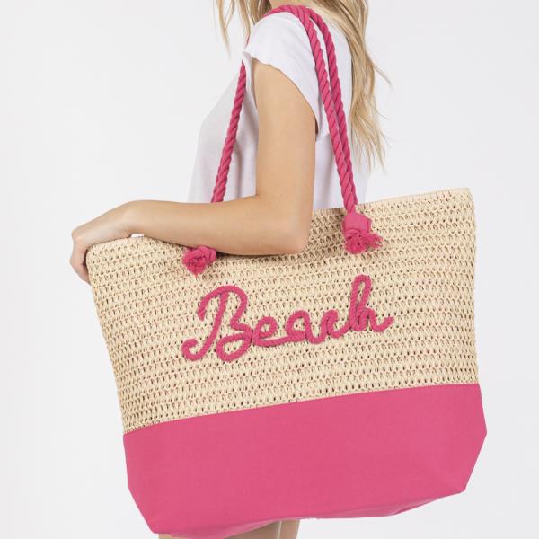 COLOR SEWN ROPE BEACH LETTER AND STRAP CROCHET, FABRIC TOTE BAG