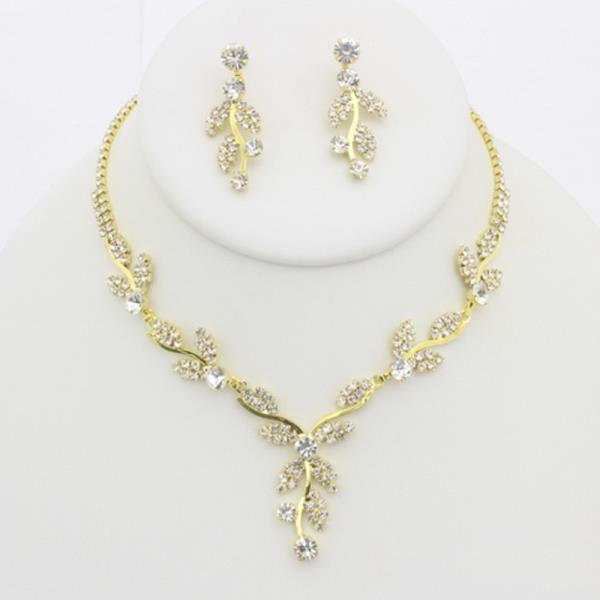 RHINESTONE LEAF NECKLACE EARRING SET