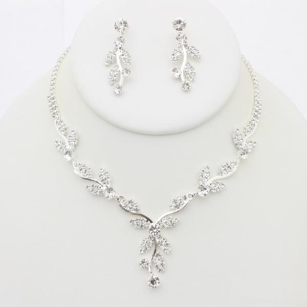 RHINESTONE LEAF NECKLACE EARRING SET