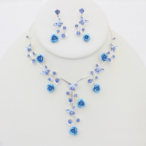 COLOR RHINESTONE FLOWER NECKLACE EARRING SET