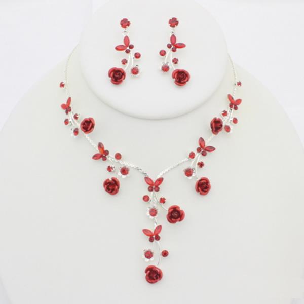 COLOR RHINESTONE FLOWER NECKLACE EARRING SET