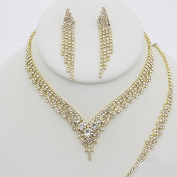 RHINESTONE V NECKLACE EARRING BRACELET SET