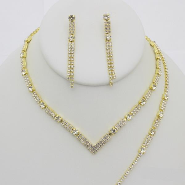 RHINESTONE V NECKLACE EARRING BRACELET SET