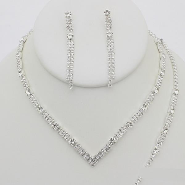 RHINESTONE V NECKLACE EARRING BRACELET SET