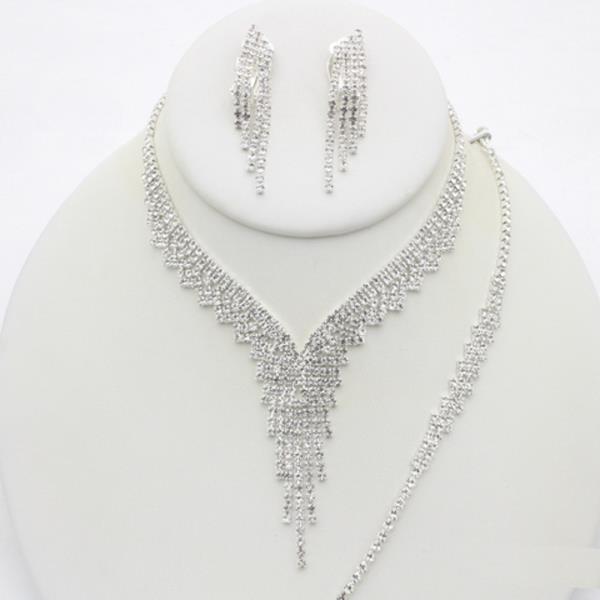 RHINESTONE V NECKLACE EARRING BRACELET SET