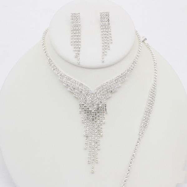 RHINESTONE V NECKLACE EARRING BRACELET SET