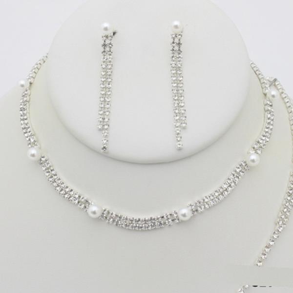 RHINESTONE PEARL NECKLACE EARRING BRACELET SET