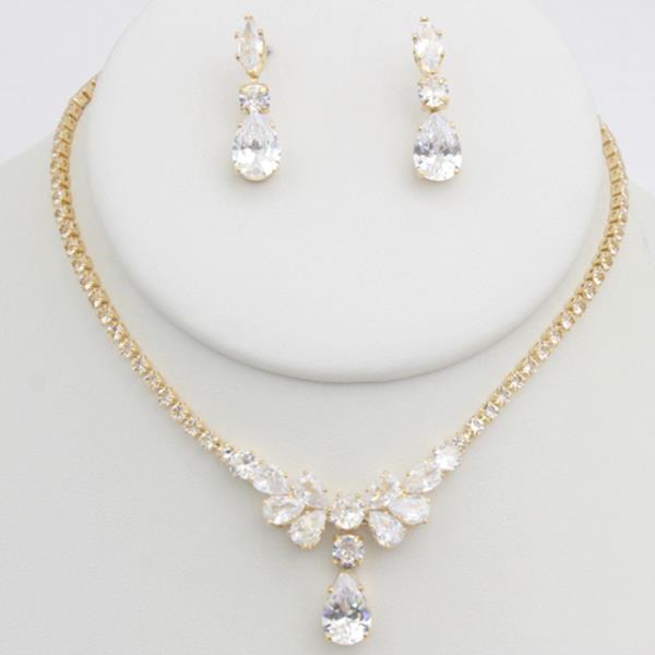 CZ RHINESTONE TEARDROP NECKLACE EARRING SET