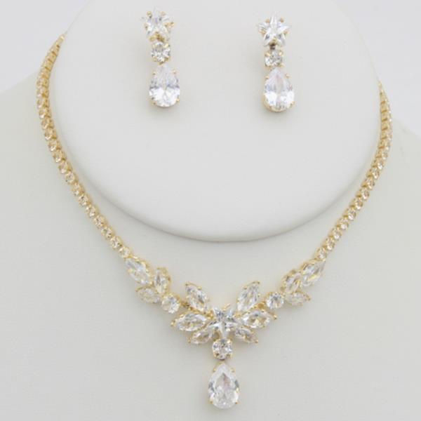 CZ RHINESTONE TEARDROP NECKLACE EARRING SET