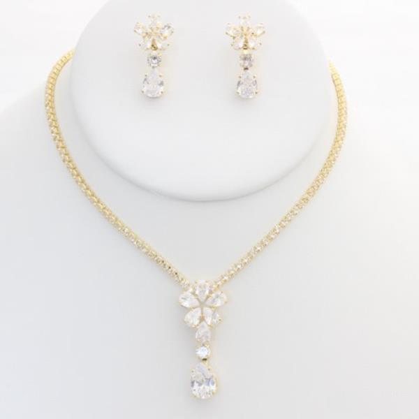 CZ RHINESTONE TEARDROP NECKLACE EARRING SET