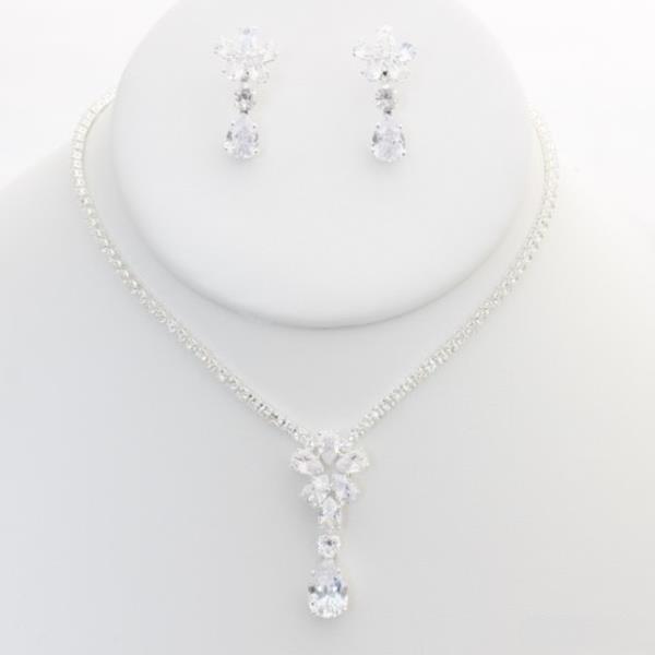 CZ RHINESTONE TEARDROP NECKLACE EARRING SET