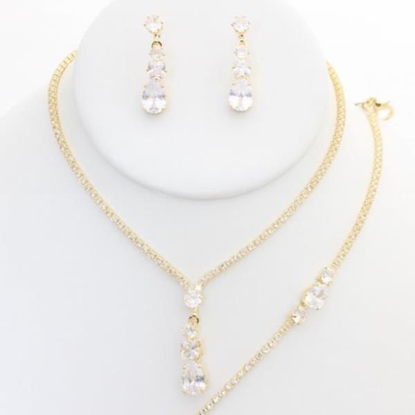 CZ RHINESTONE TEARDROP NECKLACE EARRING BRACELET SET