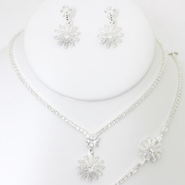 CZ RHINESTONE FLOWER NECKLACE EARRING SET