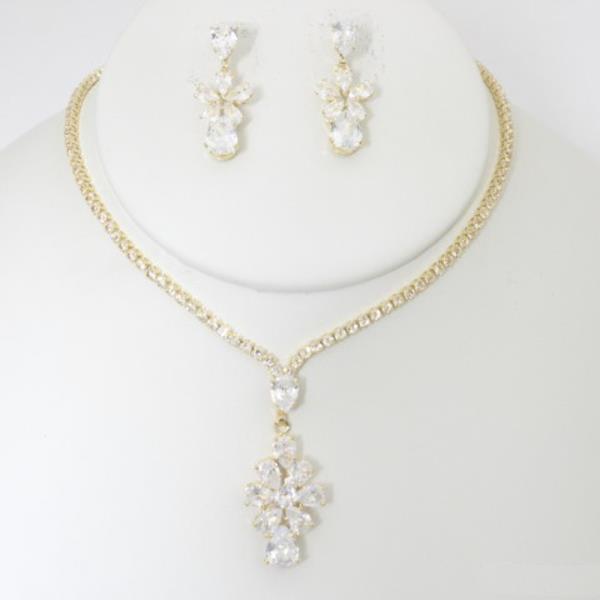 CZ RHINESTONE FLOWER PENDANT NECKLACE EARRING SET