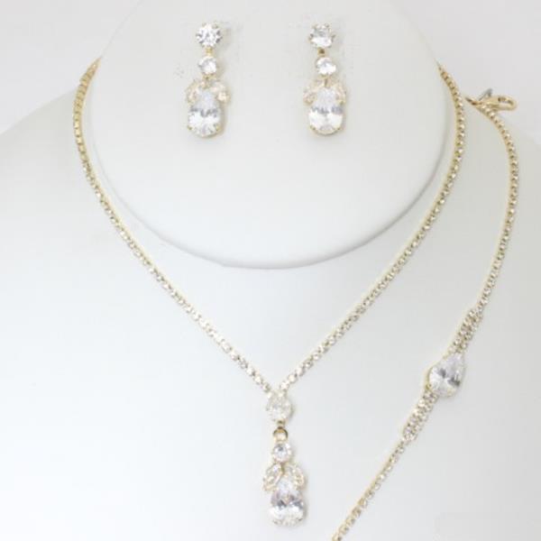 CZ RHINESTONE TEARDROP NECKLACE EARRING BRACELET SET