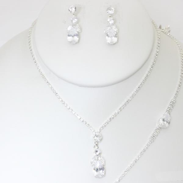 CZ RHINESTONE TEARDROP NECKLACE EARRING BRACELET SET