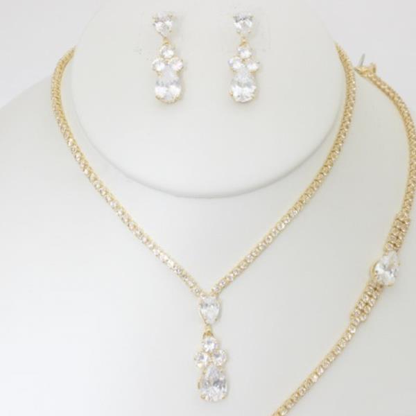 CZ RHINESTONE TEARDROP NECKLACE EARRING BRACELET SET