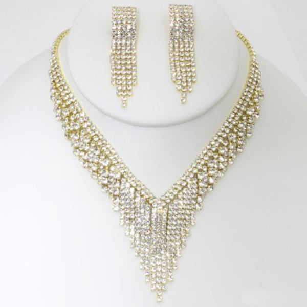 RHINESTONE V NECKLACE EARRING SET