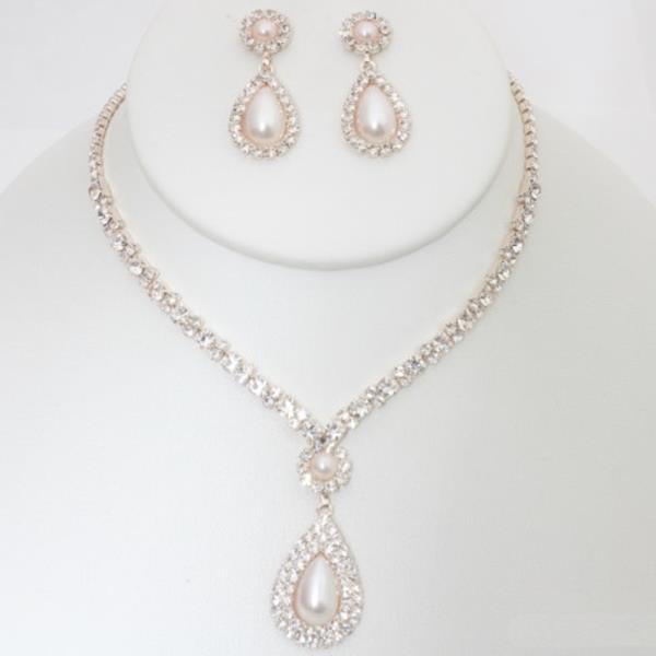 RHINESTONE PEARL TEARDROP NECKLACE EARRING SET