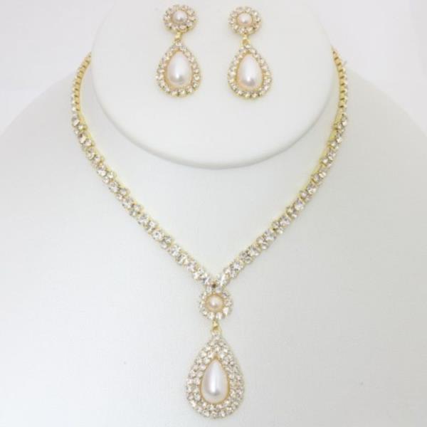 RHINESTONE PEARL TEARDROP NECKLACE EARRING SET