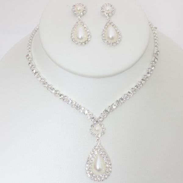 RHINESTONE PEARL TEARDROP NECKLACE EARRING SET