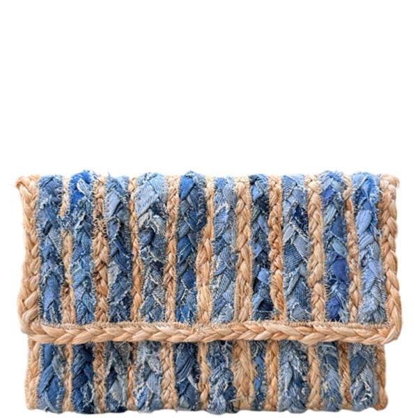 STRIPED PATTERN WOVEN FLAP CLUTCH BAG