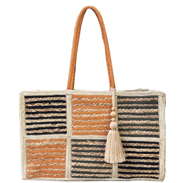 SQUARED LINES PATTERN WOVEN TASSEL SHOULDER TOTE BAG